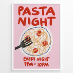Ladda upp bild till gallerivisning, Pasta Night poster with a hand holding a fork in a plate of spaghetti and tomato sauce on a pink background.
