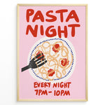 Ladda upp bild till gallerivisning, Pasta Night poster with a hand holding a fork in a plate of spaghetti and tomato sauce on a pink background.
