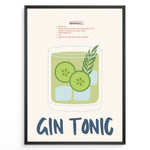 Ladda upp bild till gallerivisning, Gin Tonic cocktail poster with illustrated glass containing cucumber slices, ice cubes, and herbs on a cream background in a black frame.
