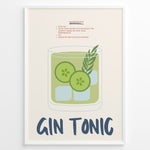 Ladda upp bild till gallerivisning, Gin Tonic cocktail poster with illustrated glass containing cucumber slices, ice cubes, and herbs on a cream background in a white frame.
