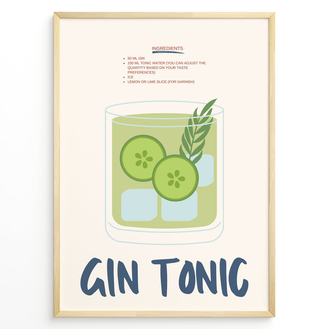 Gin Tonic cocktail poster with illustrated glass containing cucumber slices, ice cubes, and herbs on a cream background in a golden frame.