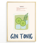 Ladda upp bild till gallerivisning, Gin Tonic cocktail poster with illustrated glass containing cucumber slices, ice cubes, and herbs on a cream background in a golden frame.
