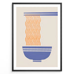 Ladda upp bild till gallerivisning, Minimalist ramen poster with orange noodles hanging from blue chopsticks into a blue bowl on a beige background in a black frame.
