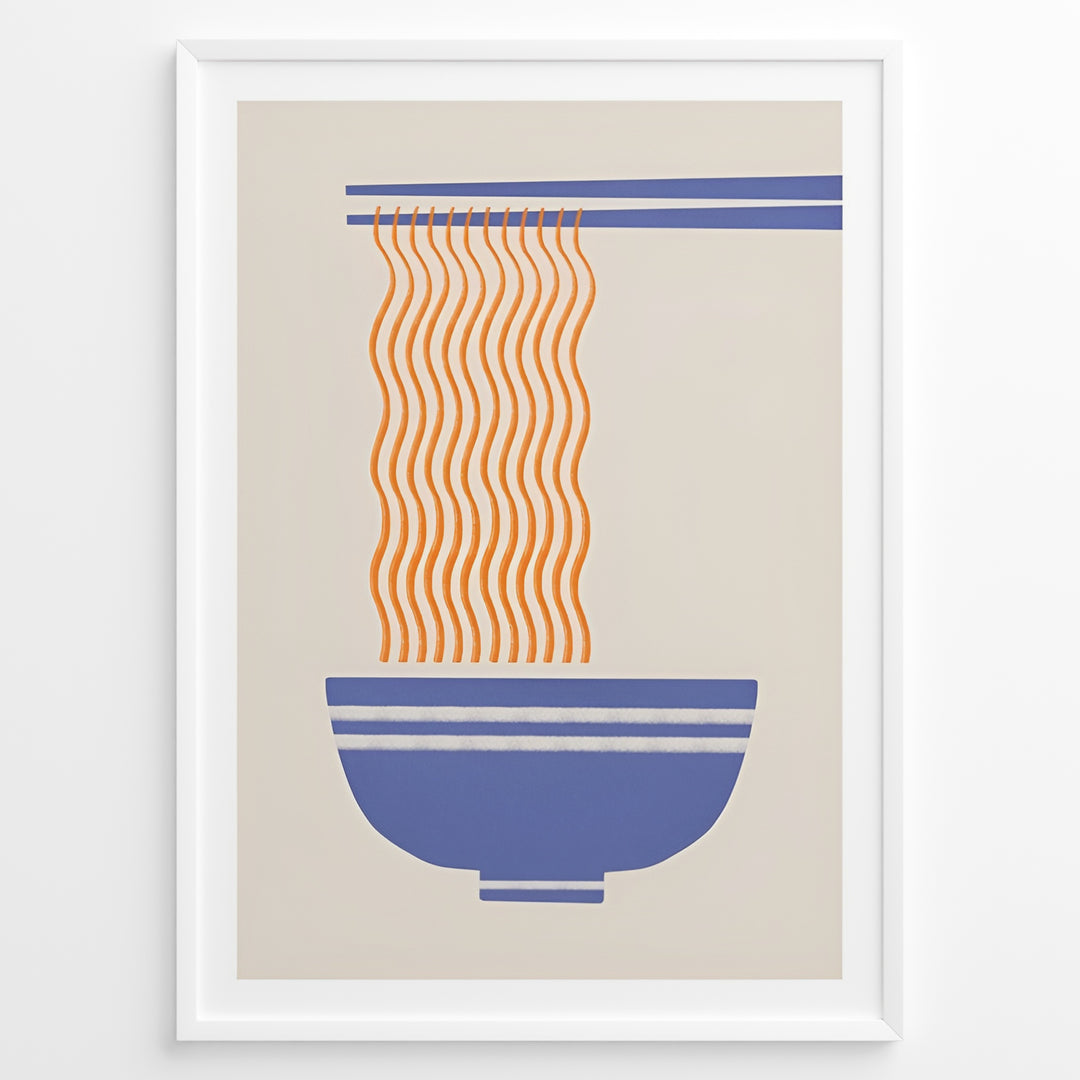 Minimalist ramen poster with orange noodles hanging from blue chopsticks into a blue bowl on a beige background in a white frame.