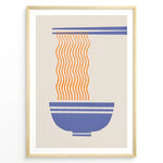Ladda upp bild till gallerivisning, Minimalist ramen poster with orange noodles hanging from blue chopsticks into a blue bowl on a beige background in a golden frame.

