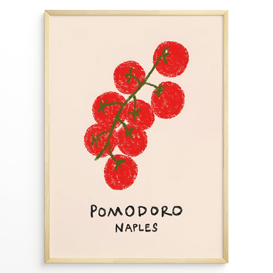Pomodoro Naples poster with hand-drawn red tomatoes on a green vine and text below on a cream background in a golden frame.