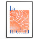 Ladda upp bild till gallerivisning, Le Matin poster with minimalist croissant illustration in orange and blue text on a white background in a black frame.
