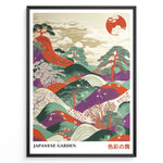 Ladda upp bild till gallerivisning, Colorful Japanese garden landscape illustration with hills, trees, blossoms, and a stylized sun in a framed poster.
