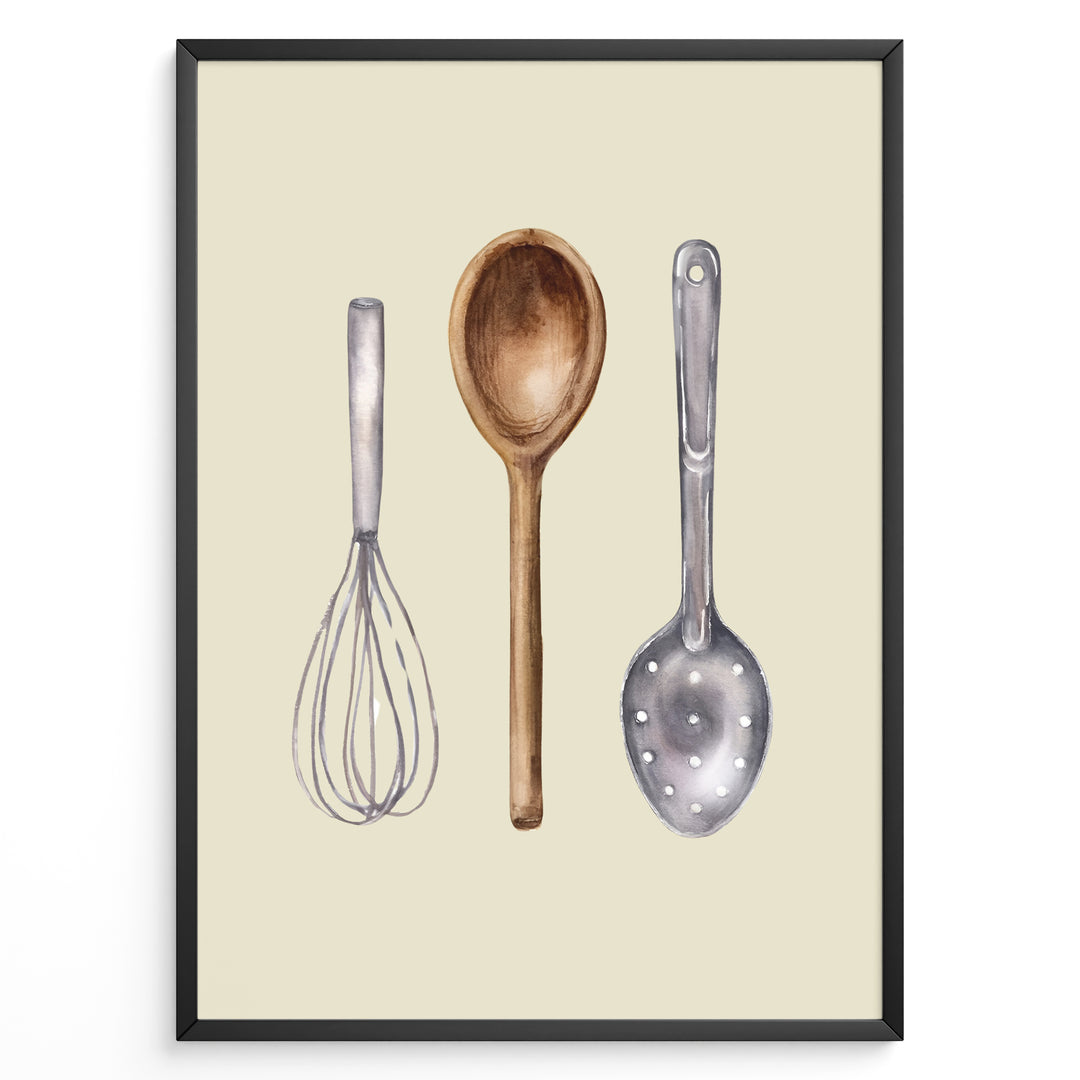 Watercolor kitchen utensils poster featuring a whisk, wooden spoon, and slotted metal ladle on a beige background in a black frame.