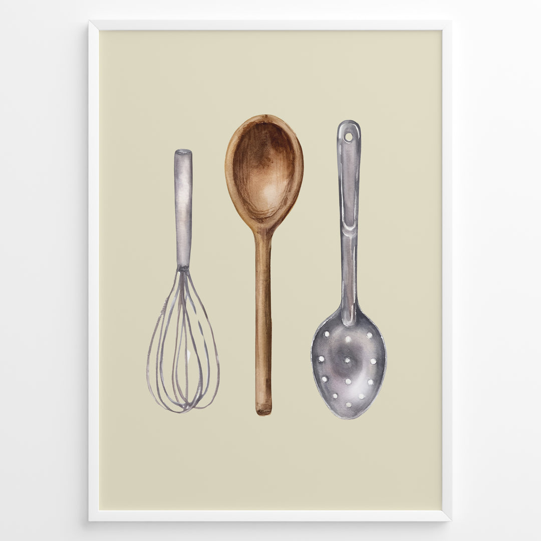 Watercolor kitchen utensils poster featuring a whisk, wooden spoon, and slotted metal ladle on a beige background in a white frame.