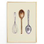 Ladda upp bild till gallerivisning, Watercolor kitchen utensils poster featuring a whisk, wooden spoon, and slotted metal ladle on a beige background in a golden frame.

