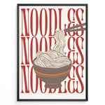 Ladda upp bild till gallerivisning, Modern noodles poster with illustrated noodle bowl and chopsticks over bold red “NOODLES” text background in a black frame.
