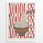 Ladda upp bild till gallerivisning, Modern noodles poster with illustrated noodle bowl and chopsticks over bold red “NOODLES” text background in a white frame.
