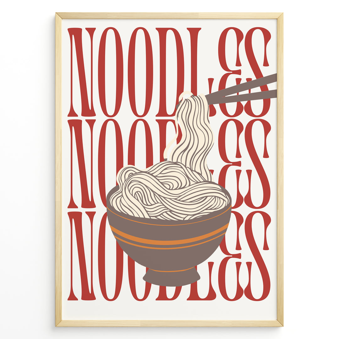 Modern noodles poster with illustrated noodle bowl and chopsticks over bold red “NOODLES” text background in a golden frame.