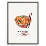 Ladda upp bild till gallerivisning, Funny ramen poster with illustrated noodle bowl, chopsticks, and text “in the mood for noods” underlined in red on a cream background in a black frame.
