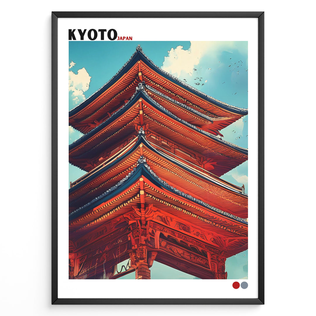 Detailed illustration of a red Japanese pagoda in Kyoto against a blue sky in a framed poster.