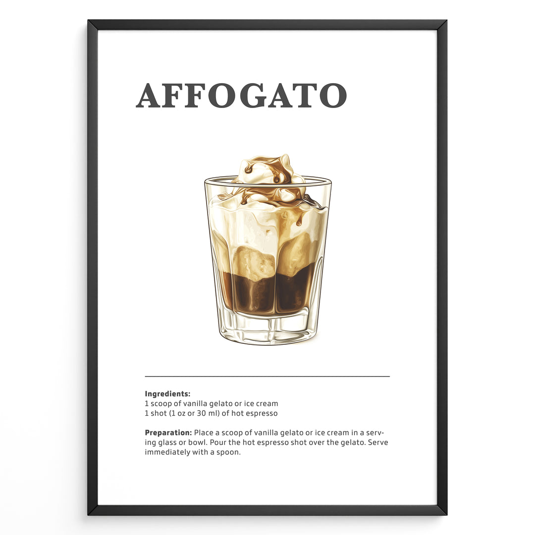 Illustrated affogato recipe poster showing a glass of espresso over gelato with ingredients and instructions.