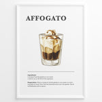 Ladda upp bild till gallerivisning, Illustrated affogato recipe poster showing a glass of espresso over gelato with ingredients and instructions.

