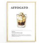 Ladda upp bild till gallerivisning, Illustrated affogato recipe poster showing a glass of espresso over gelato with ingredients and instructions.
