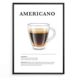 Ladda upp bild till gallerivisning, Illustrated Americano recipe poster with a glass mug of coffee and preparation steps.
