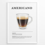 Ladda upp bild till gallerivisning, Illustrated Americano recipe poster with a glass mug of coffee and preparation steps.
