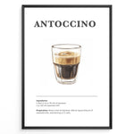 Ladda upp bild till gallerivisning, Illustrated Antoccino recipe poster with a glass of espresso and steamed milk.
