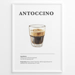 Ladda upp bild till gallerivisning, Illustrated Antoccino recipe poster with a glass of espresso and steamed milk.

