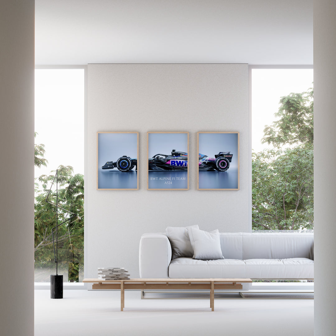 BWT Alpine F1 Team A524 race car three-panel framed wall art plakat