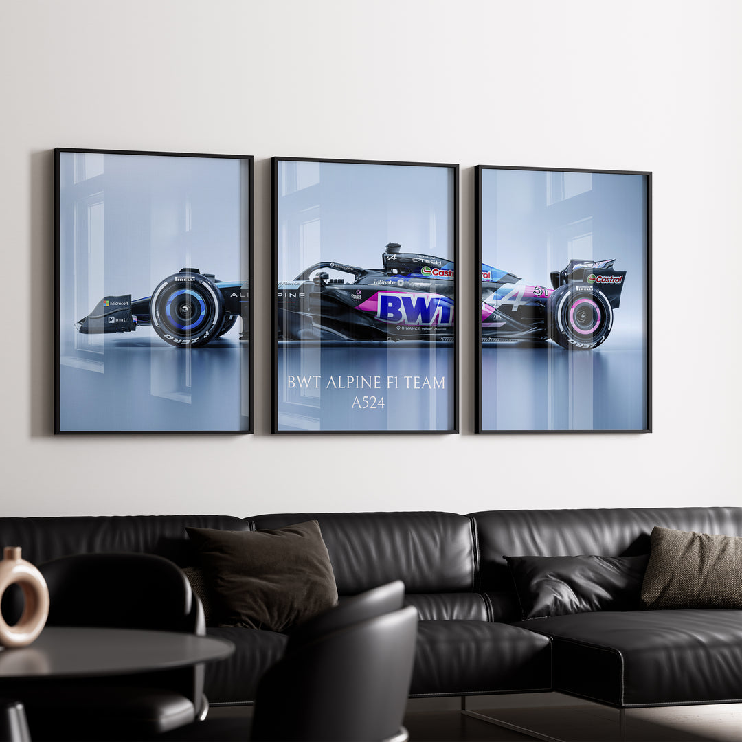 BWT Alpine F1 Team A524 race car three-panel framed wall art plakat