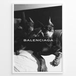 Ladda upp bild till gallerivisning, Fashion Plakat | Balenciaga Poster Featuring Dobermans in Black and White Plakaty.dk | Black and white poster of two Dobermans lying on a bed with the Balenciaga logo across the center.
