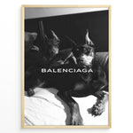 Ladda upp bild till gallerivisning, Fashion Plakat | Balenciaga Poster Featuring Dobermans in Black and White Plakaty.dk | Black and white poster of two Dobermans lying on a bed with the Balenciaga logo across the center.
