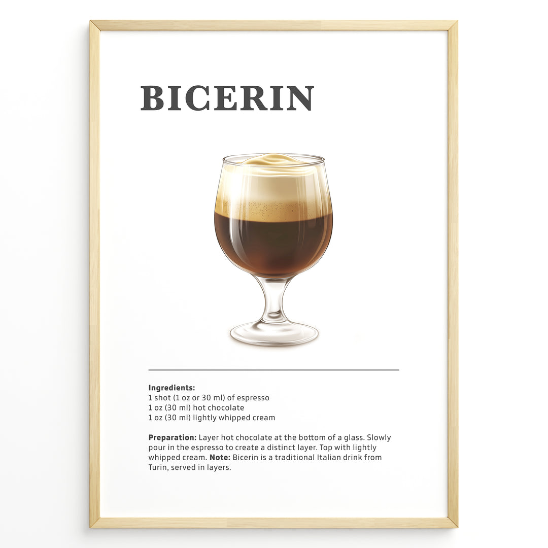 Illustrated Bicerin recipe poster with a layered glass of espresso, hot chocolate, and whipped cream.