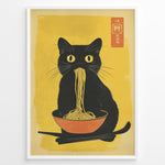 Ladda upp bild till gallerivisning, Japanske plakater | Illustration of a black cat with yellow eyes eating noodles from an orange bowl, set against a yellow background with Asian characters in the corner.
