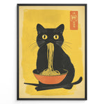 Ladda upp bild till gallerivisning, Japanske plakater | Illustration of a black cat with yellow eyes eating noodles from an orange bowl, set against a yellow background with Asian characters in the corner.
