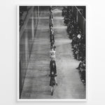Ladda upp bild till gallerivisning, Fashion Plakat | Black &amp; White Fashion Runway – Editorial Wall Art Print Plakaty.dk | Black and white photograph of runway models walking in a single-file line during a fashion show, with seated spectators on one side of the runway.
