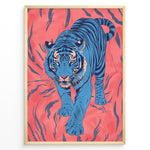 Ladda upp bild till gallerivisning, Japanske plakater | Modern pop art illustration of a blue tiger walking forward on a vivid coral-red background with black stripes, framed in black.
