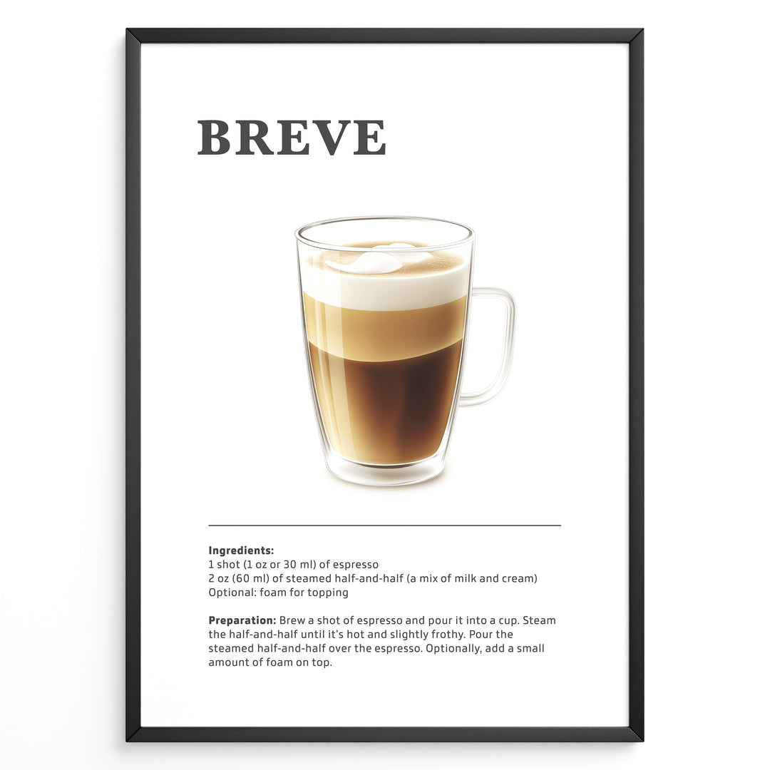 Illustrated Breve coffee recipe poster with a glass of espresso and steamed half-and-half.