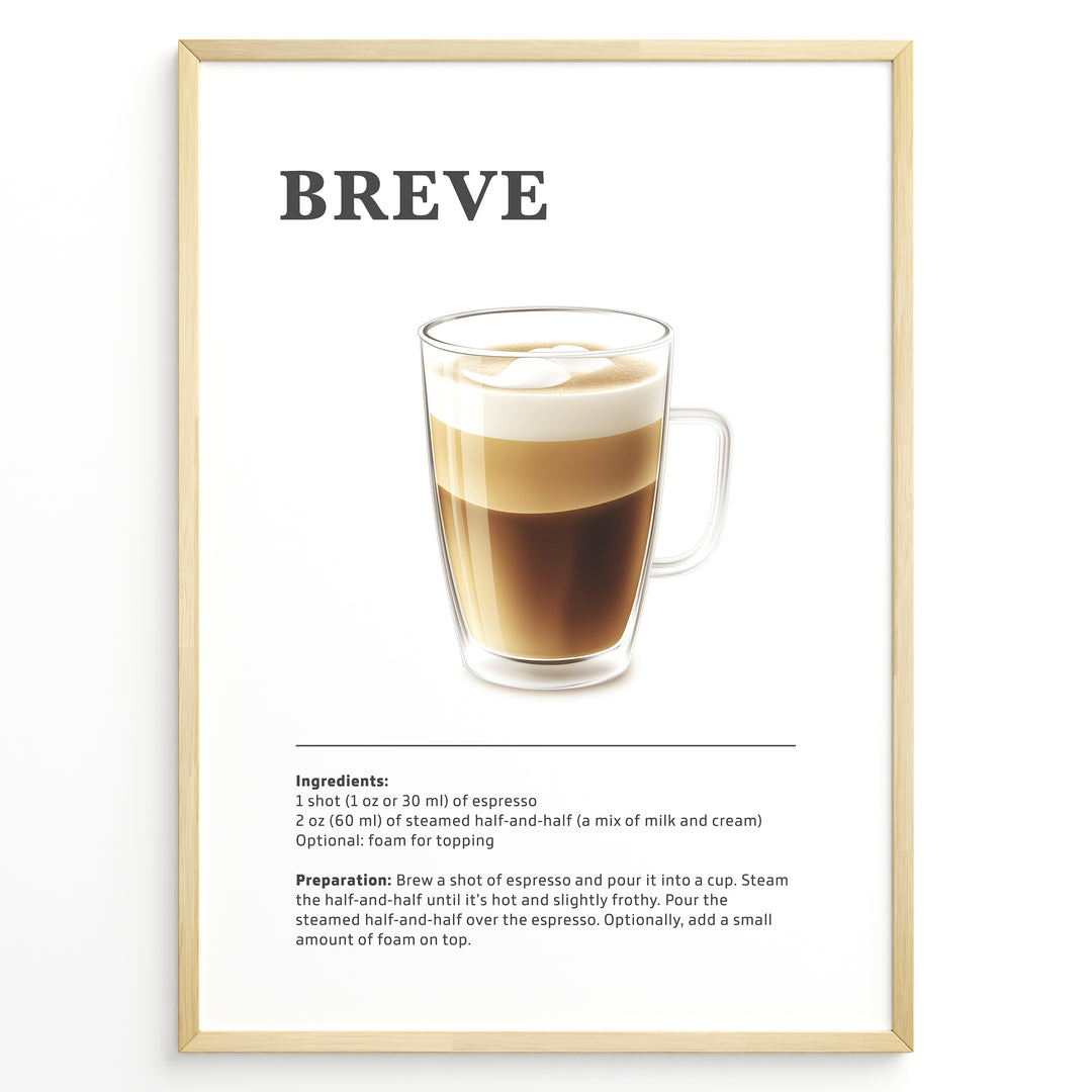 Illustrated Breve coffee recipe poster with a glass of espresso and steamed half-and-half.