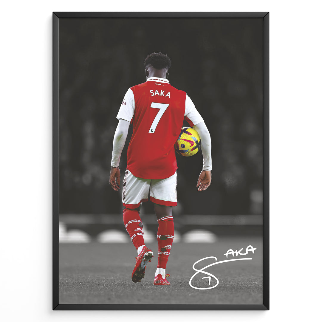 Poster featuring a football player in a red and white No. 7 jersey walking on a stadium field while holding a match ball, with a stylized signature at the bottom.