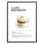 Ladda upp bild till gallerivisning, Illustrated Café Bombón recipe poster with layered espresso and condensed milk in a glass cup.
