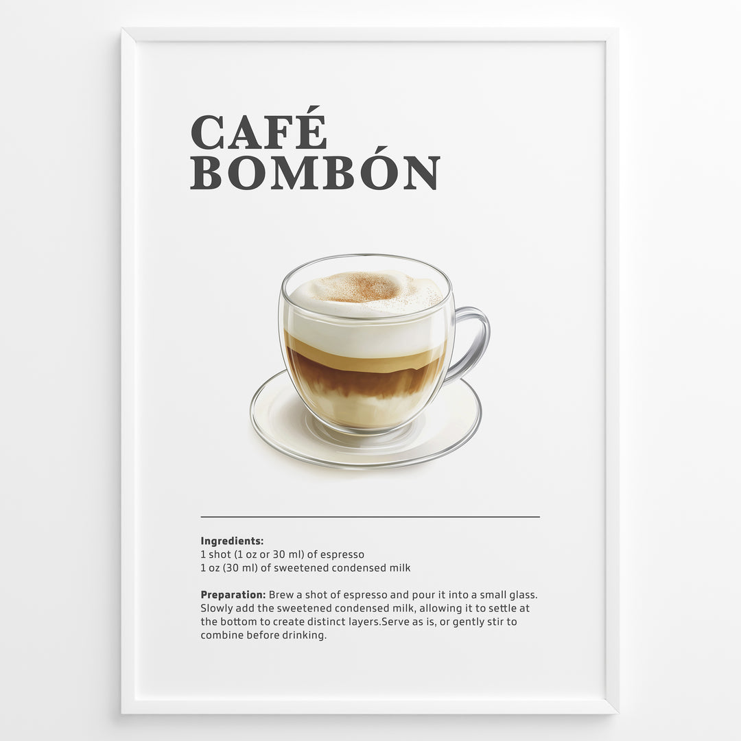 Illustrated Café Bombón recipe poster with layered espresso and condensed milk in a glass cup.