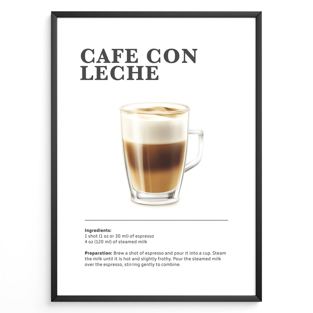 Illustrated Café Con Leche recipe poster with espresso and steamed milk in a clear glass cup.