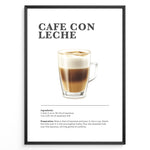 Ladda upp bild till gallerivisning, Illustrated Café Con Leche recipe poster with espresso and steamed milk in a clear glass cup.
