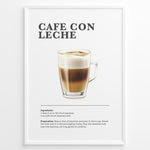 Ladda upp bild till gallerivisning, Illustrated Café Con Leche recipe poster with espresso and steamed milk in a clear glass cup.
