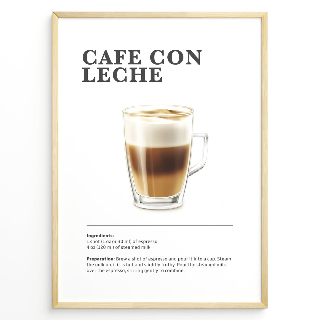 Illustrated Café Con Leche recipe poster with espresso and steamed milk in a clear glass cup.
