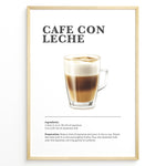 Ladda upp bild till gallerivisning, Illustrated Café Con Leche recipe poster with espresso and steamed milk in a clear glass cup.
