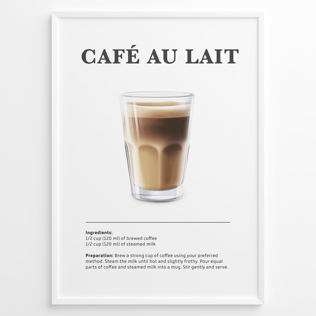 Illustrated Café au Lait recipe poster with a glass of coffee and steamed milk.