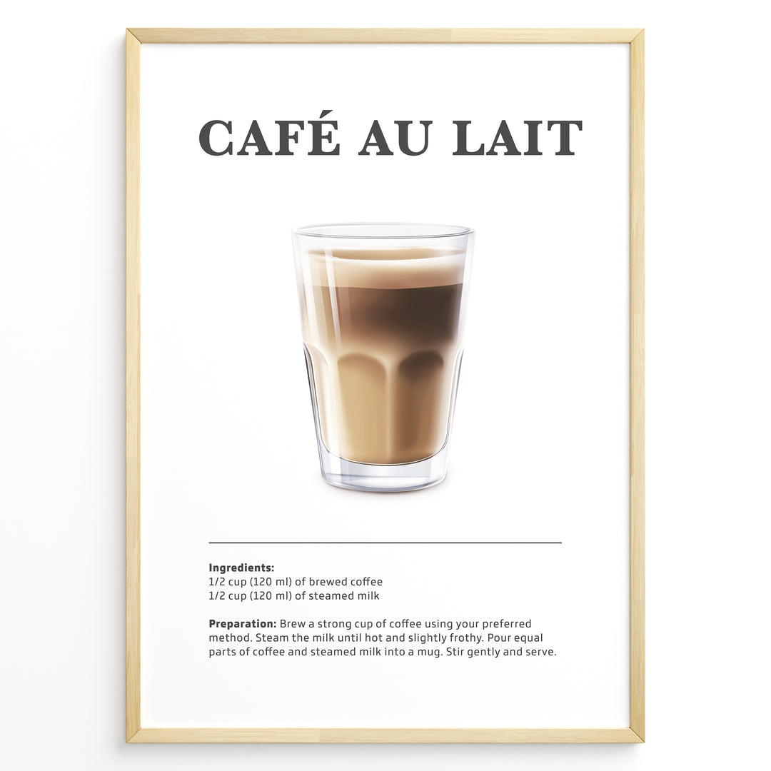 Illustrated Café au Lait recipe poster with a glass of coffee and steamed milk.