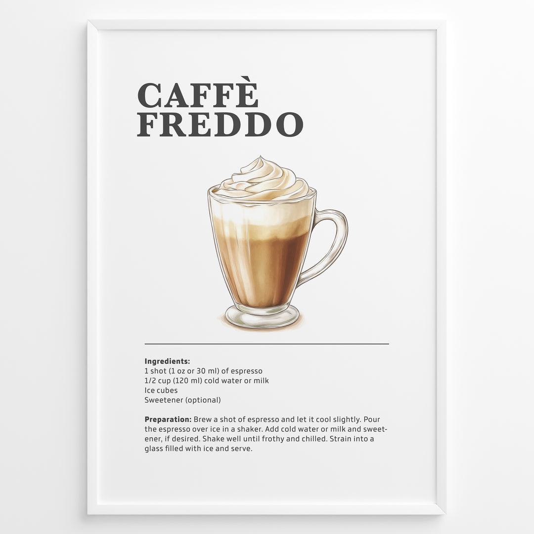 Illustrated Caffè Freddo recipe poster with an iced espresso drink topped with foam.