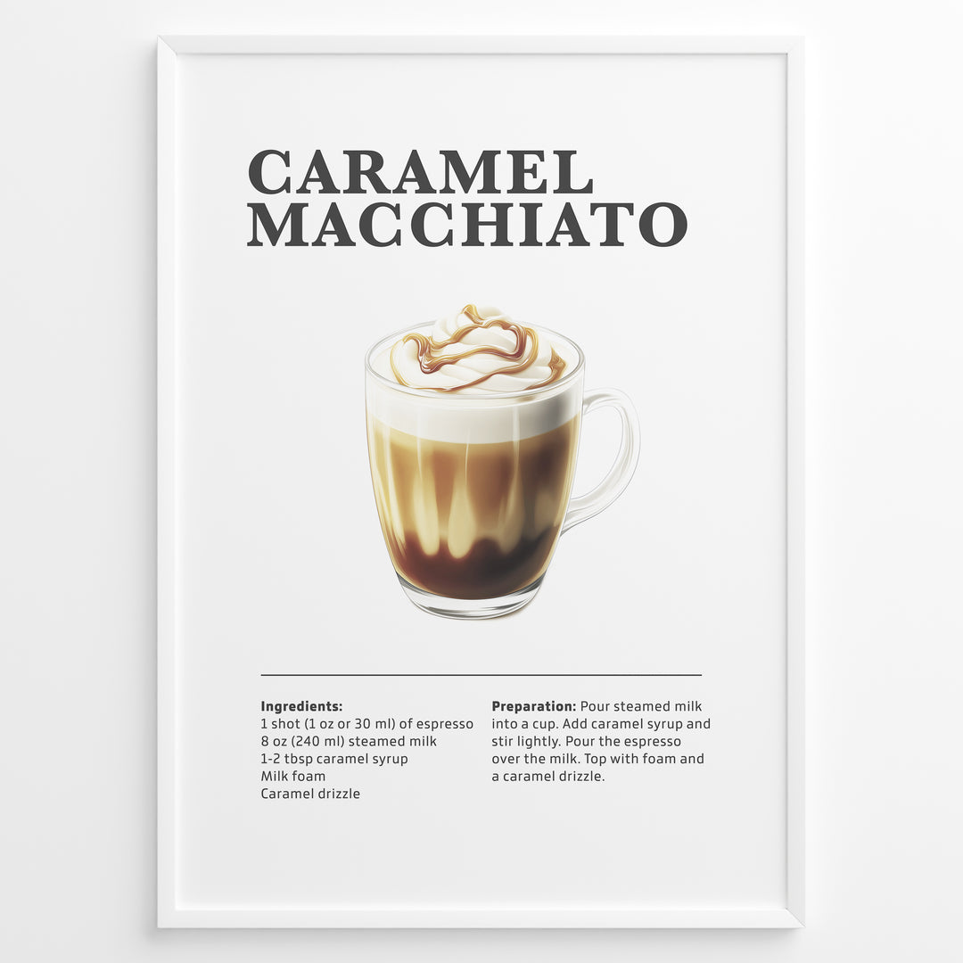Illustrated Caramel Macchiato recipe poster with espresso, steamed milk, foam, and caramel drizzle in a glass cup.